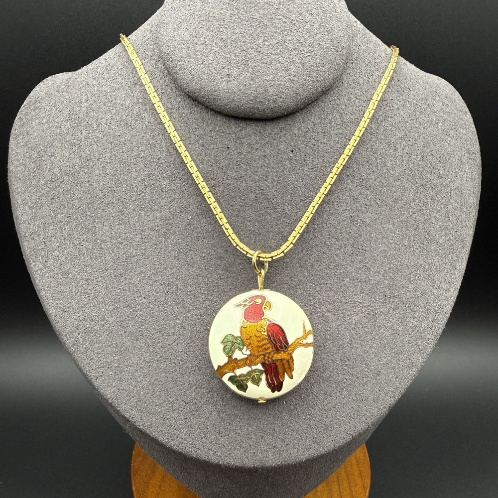 Vintage Cloisonné Parrot Pendant Necklace Gold Tone Box Chain Tropical Bird Tree